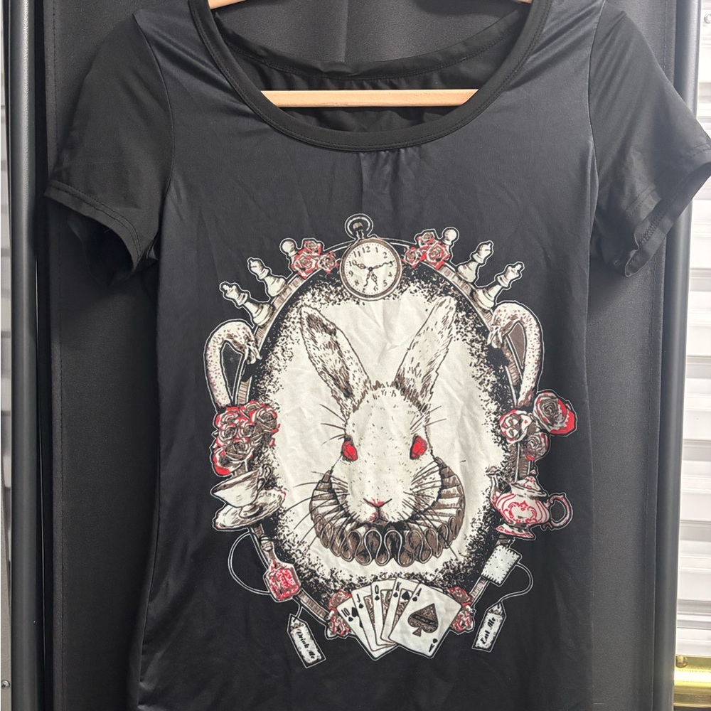 Black Graphic Tee with Rabbit Design